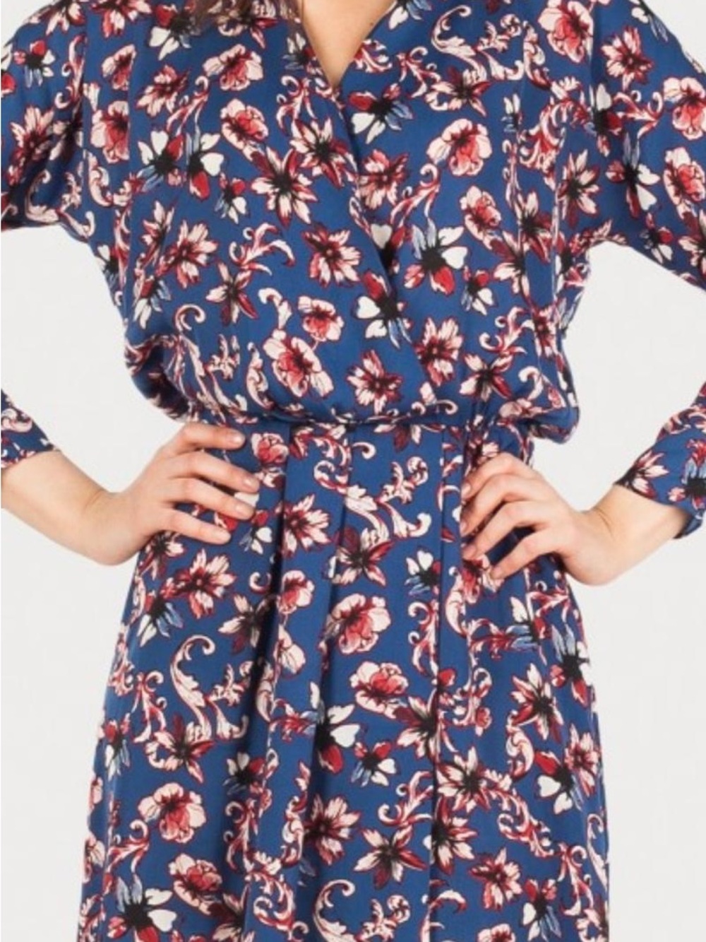 Pepe Jeans Floral Wrap-Front Long Sleeve Dress - Blue/Pink Size M